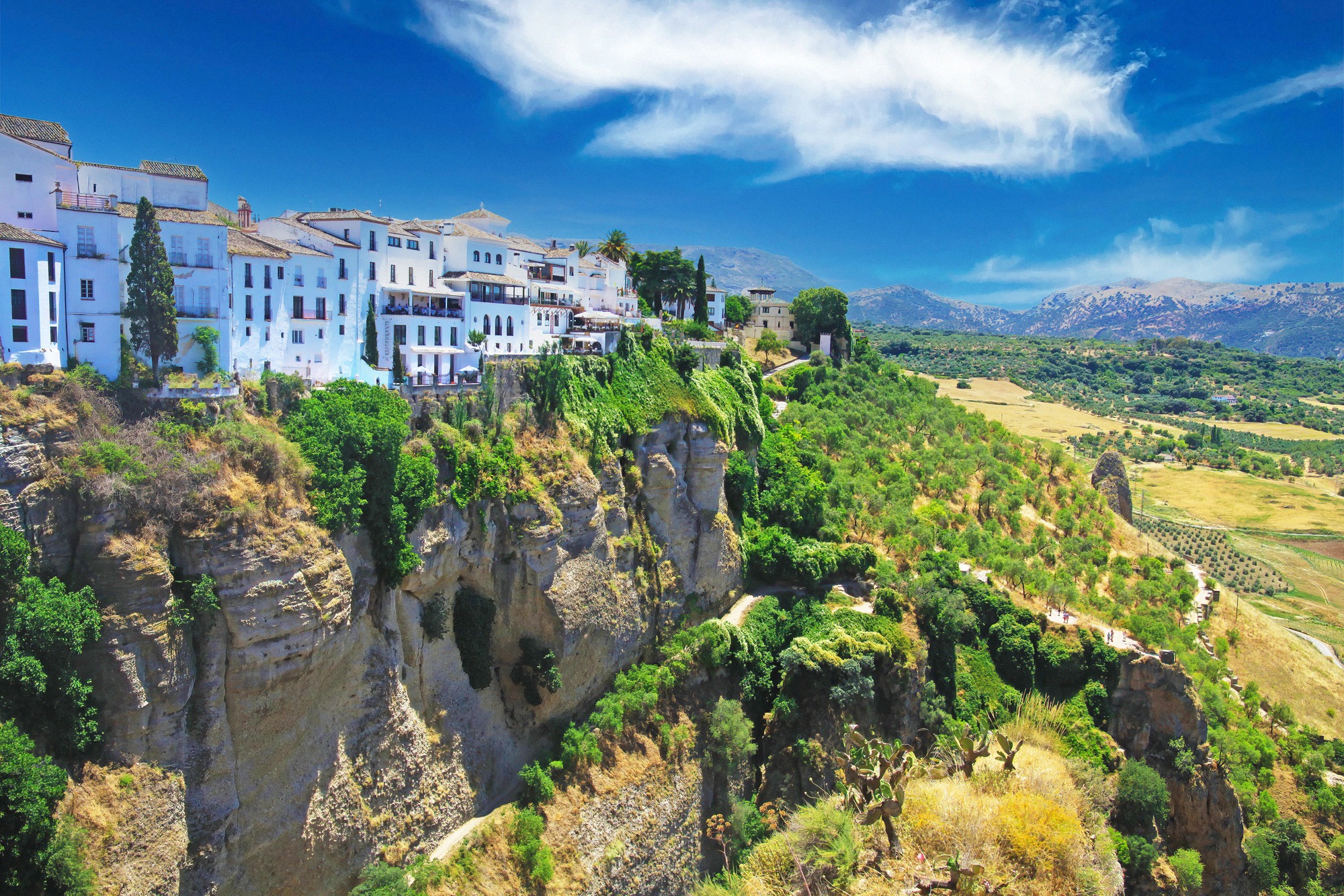 Rondan valkoiseksi kalkitut talot El Tajo -rotkon reunalla, taustalla laaja andalusialainen maisema.