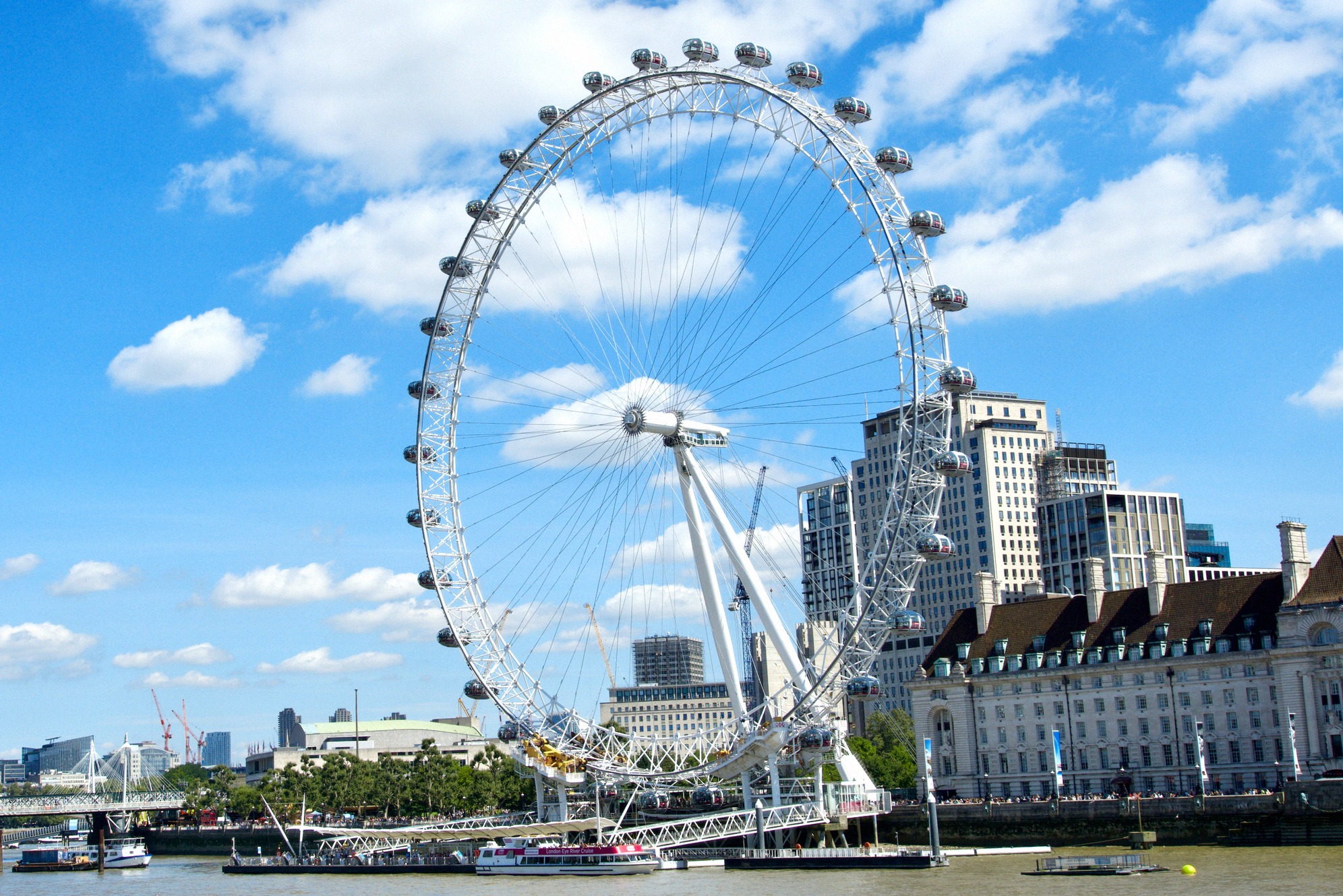 London Eye, Thamesin suuri maailmanpyörä, kuvattuna rantapromenadilta. Taustalla County Hall ja sininen kesätaivas.