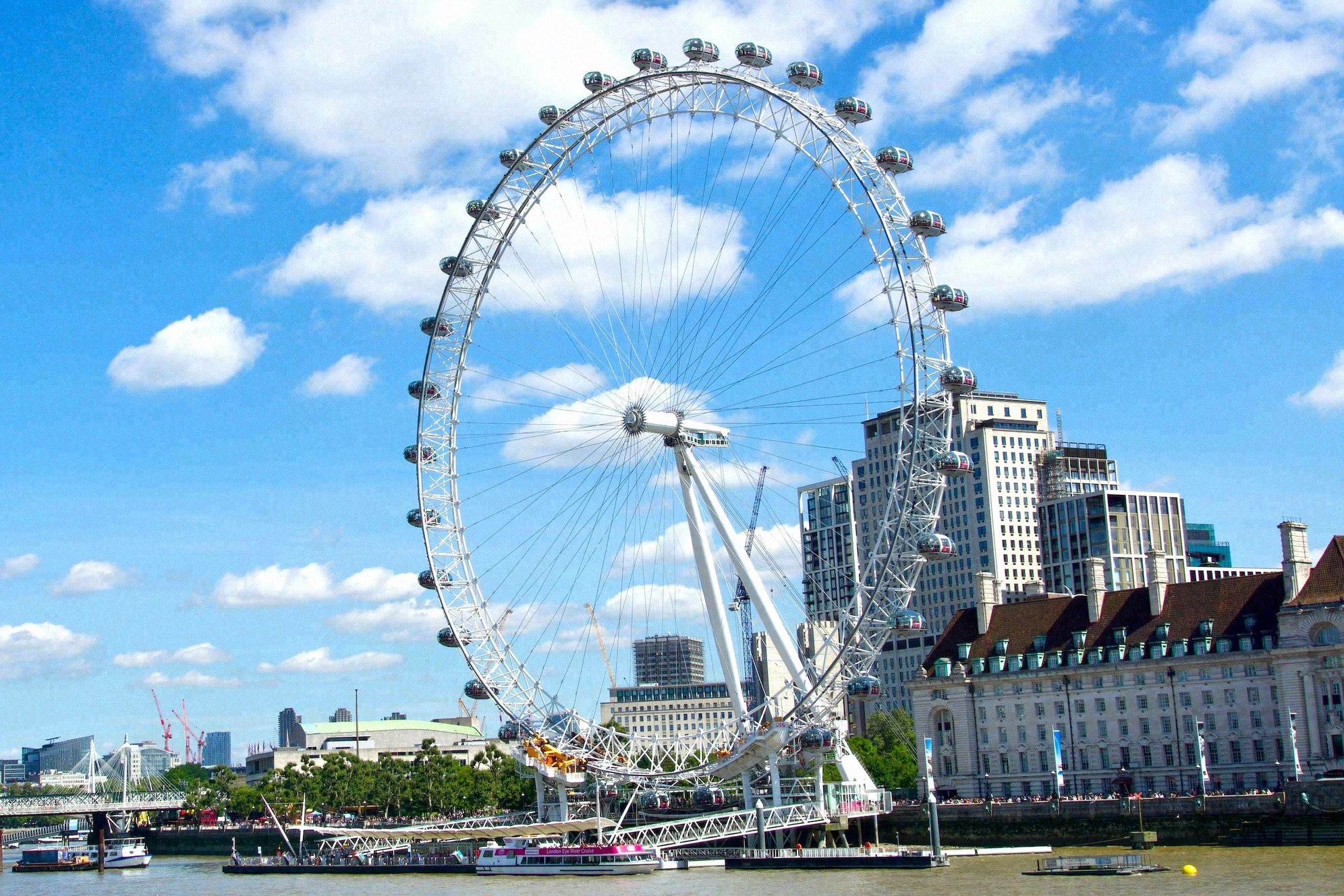 London Eye, Thamesin suuri maailmanpyörä, kuvattuna rantapromenadilta. Taustalla County Hall ja sininen kesätaivas.